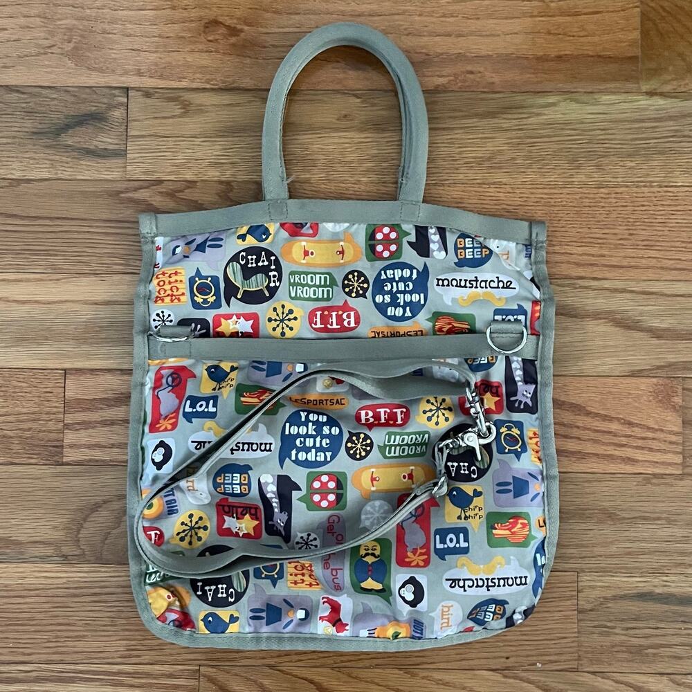 LeSportsac 3 Zip Travel Tote Bag Womens Gray Text Message Emoji Nylon Shoulder